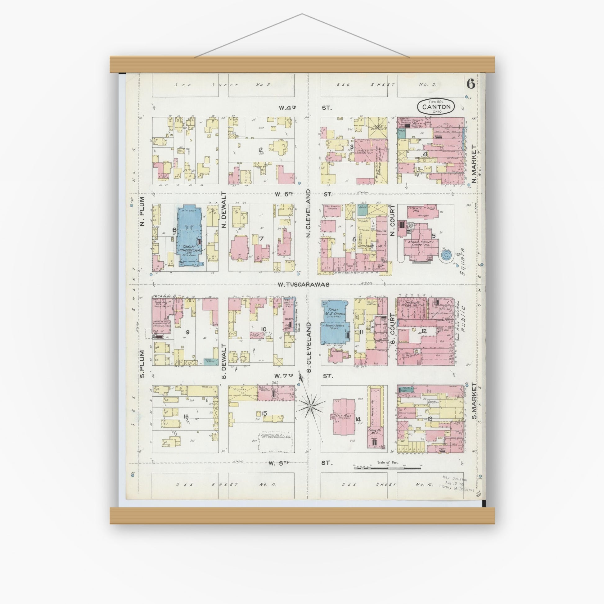 Old map wall art mockup — magnetic wood frame on white wall — Sanborn Fire Insurance Map from Canton, Stark County, Ohio (1891), Sheet #0006