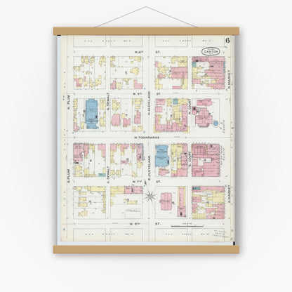 Old map wall art mockup — magnetic wood frame on white wall — Sanborn Fire Insurance Map from Canton, Stark County, Ohio (1891), Sheet #0006