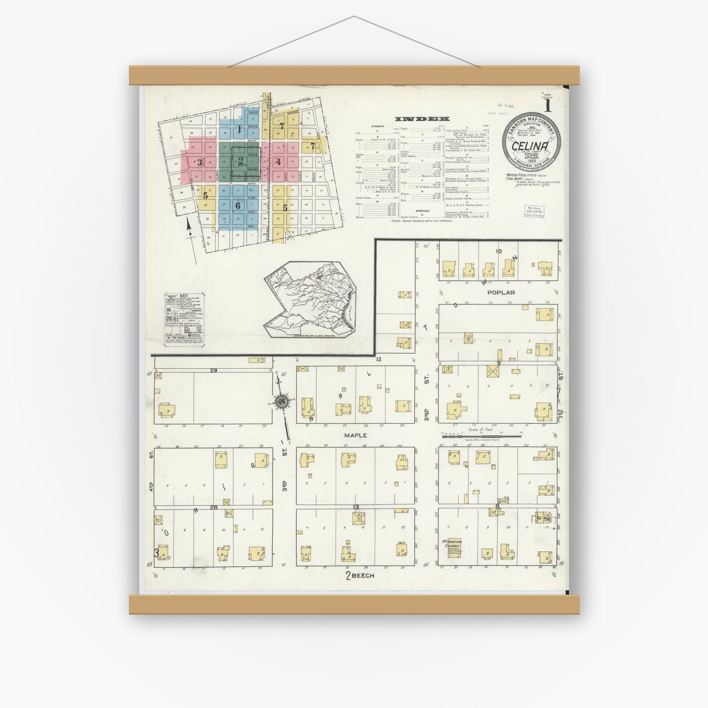 Old map wall art mockup — magnetic wood frame on white wall — Sanborn Fire Insurance Map from Celina, Collin County, Texas (1920) - Complete Map Set