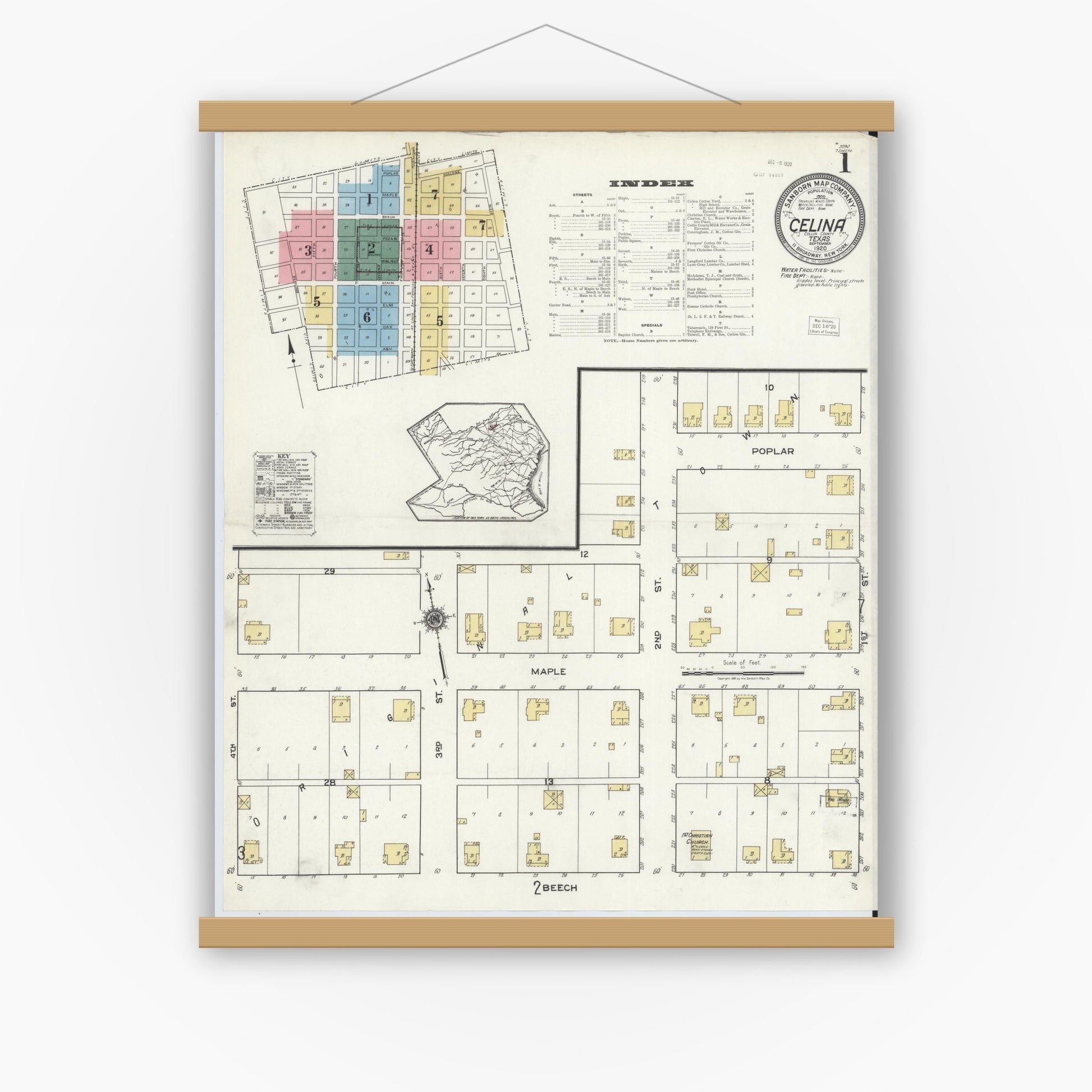 Old map wall art mockup — magnetic wood frame on white wall — Sanborn Fire Insurance Map from Celina, Collin County, Texas (1920) - Complete Map Set