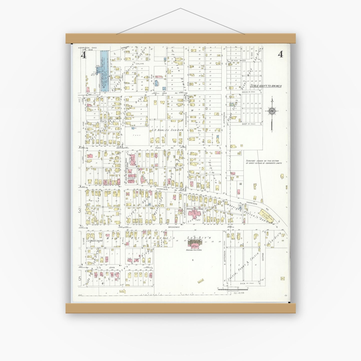 Old map wall art mockup — magnetic wood frame on white wall — Sanborn Fire Insurance Map from Harrison, Hamilton County, Ohio (1938), Sheet #0004