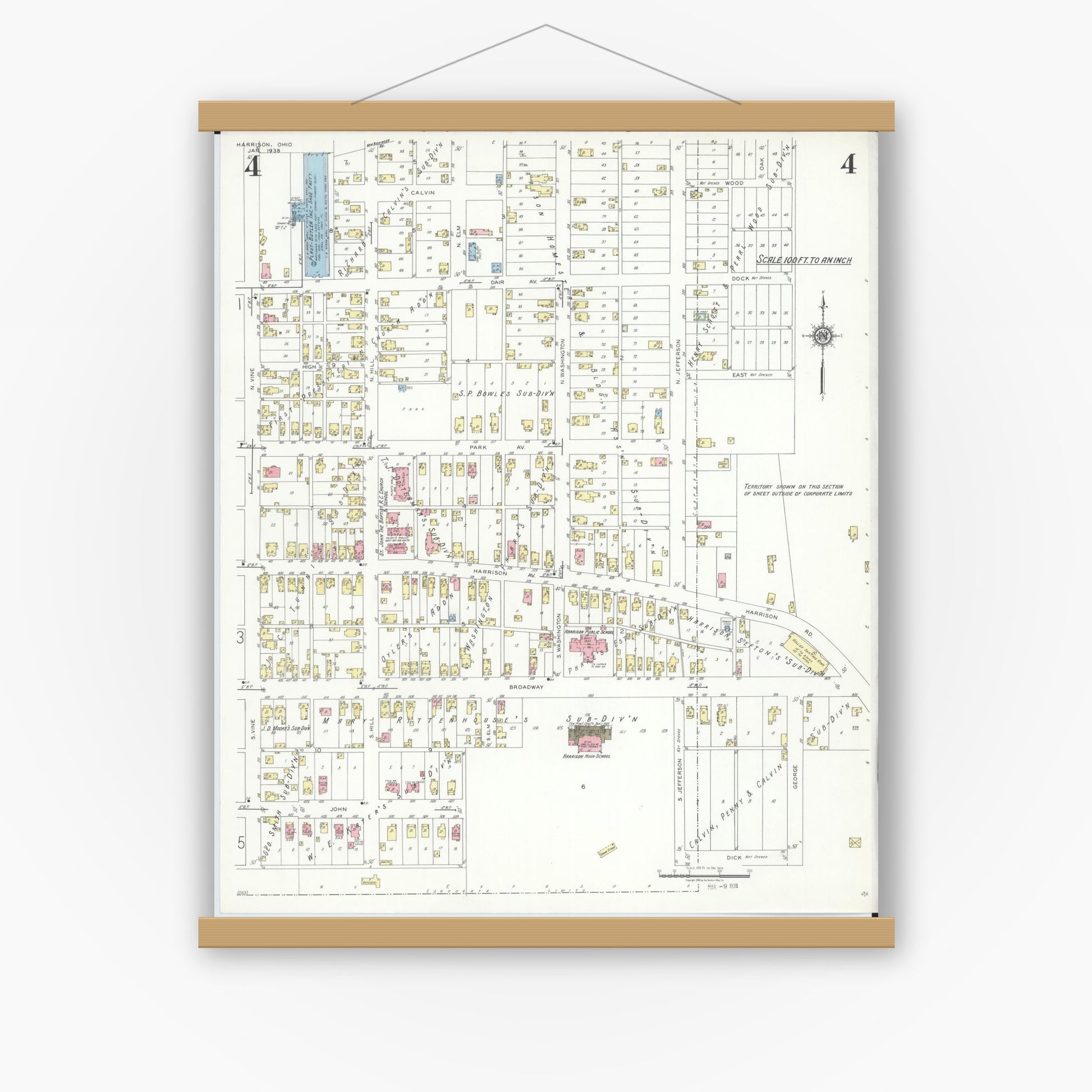 Old map wall art mockup — magnetic wood frame on white wall — Sanborn Fire Insurance Map from Harrison, Hamilton County, Ohio (1938), Sheet #0004
