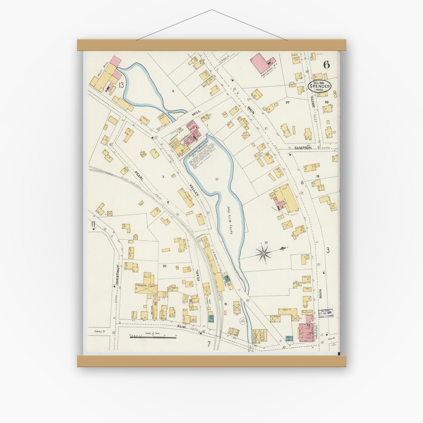 Old map wall art mockup — magnetic wood frame on white wall — Sanborn Fire Insurance Map from Spencer, Worcester County, Massachusetts (1906), Sheet #0006