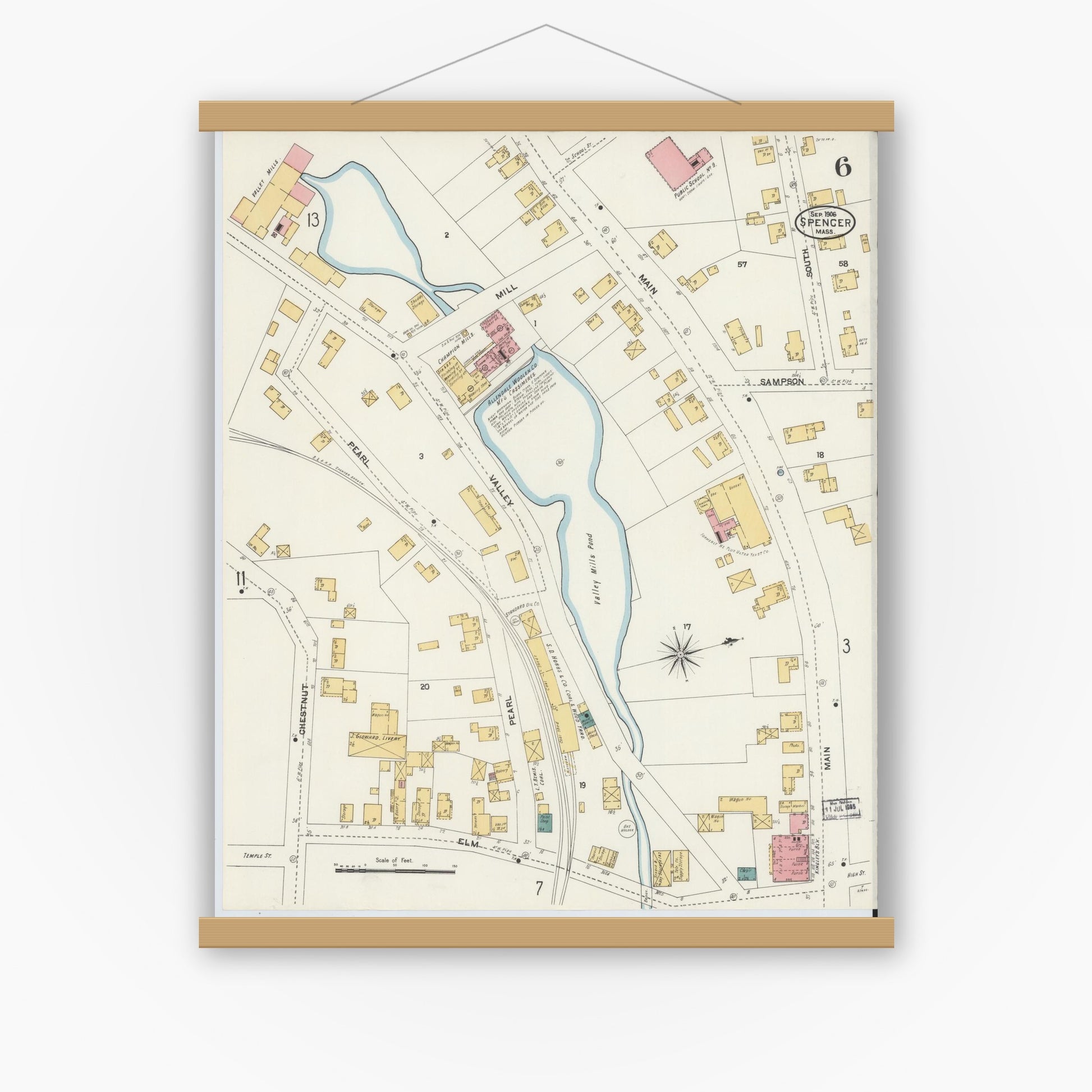 Old map wall art mockup — magnetic wood frame on white wall — Sanborn Fire Insurance Map from Spencer, Worcester County, Massachusetts (1906), Sheet #0006