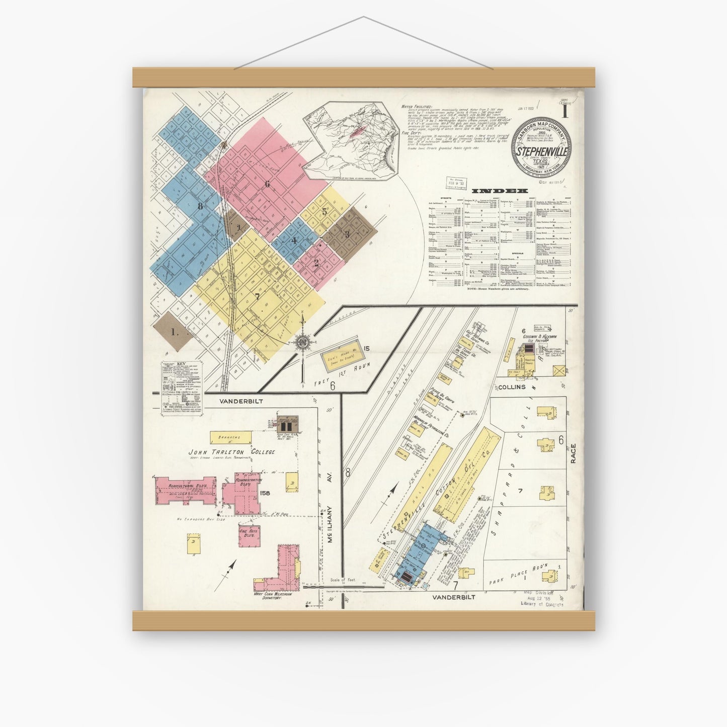 Old map wall art mockup — magnetic wood frame on white wall — Sanborn Fire Insurance Map from Stephenville, Erath County, Texas (1921), Sheet #0001