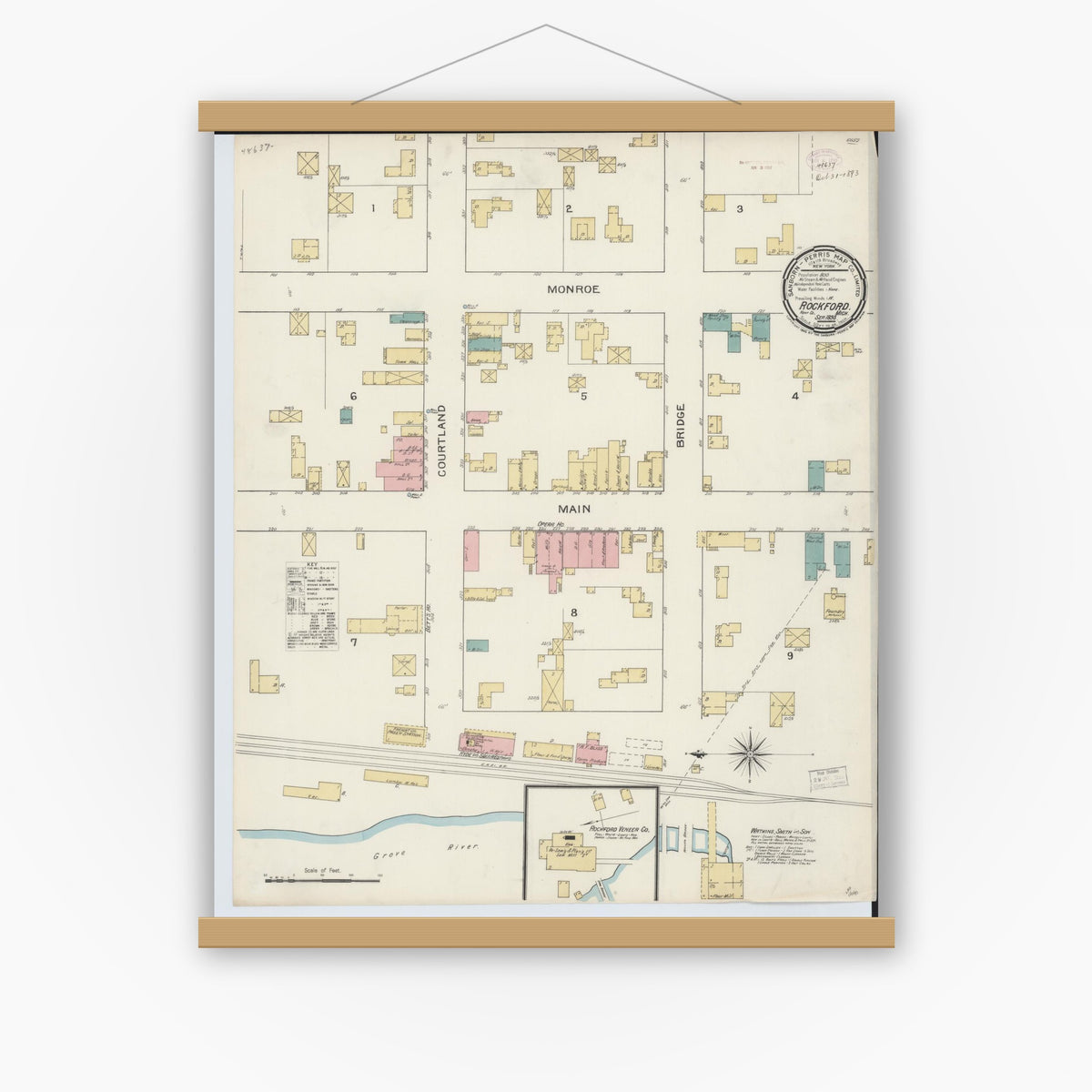 Old map wall art mockup — magnetic wood frame on white wall — Sanborn Fire Insurance Map from Rockford, Kent County, Michigan (1893), Sheet #0001