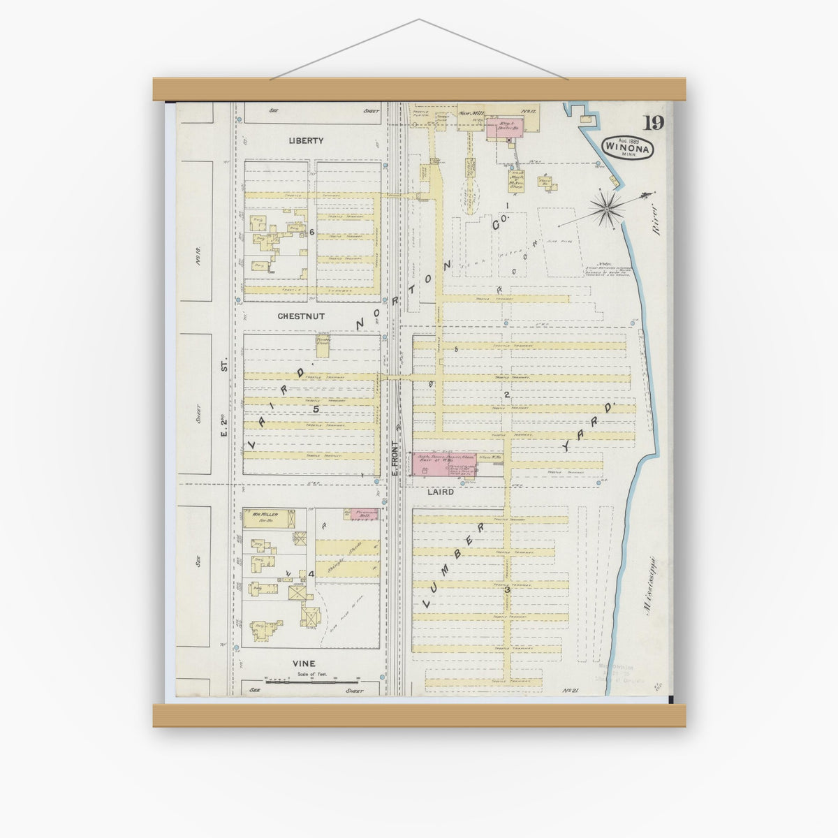 Old map wall art mockup — magnetic wood frame on white wall — Sanborn Fire Insurance Map from Winona, Winona County, Minnesota (1889), Sheet #0019