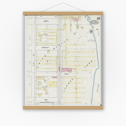 Old map wall art mockup — magnetic wood frame on white wall — Sanborn Fire Insurance Map from Winona, Winona County, Minnesota (1889), Sheet #0019