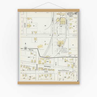 Old map wall art mockup — magnetic wood frame on white wall — Sanborn Fire Insurance Map from Houston, Harris County, Texas (1890), Sheet #0027