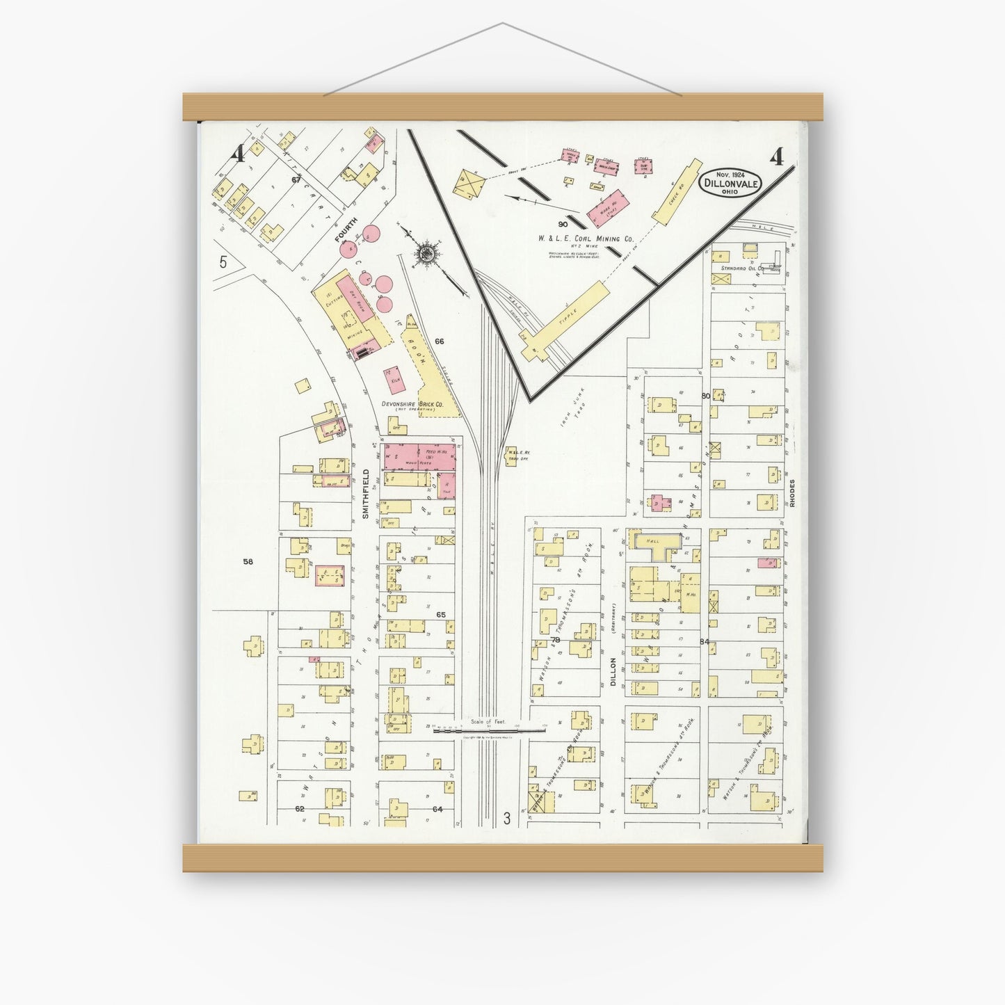 Old map wall art mockup — magnetic wood frame on white wall — Sanborn Fire Insurance Map from Dillonvale, Jefferson County, Ohio (1924), Sheet #0004