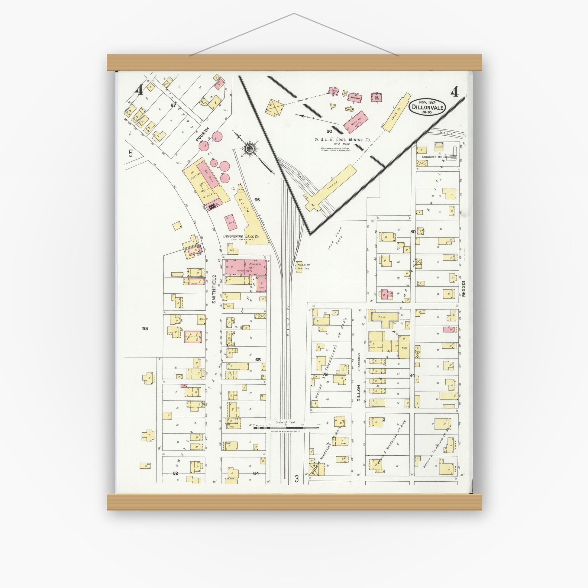 Old map wall art mockup — magnetic wood frame on white wall — Sanborn Fire Insurance Map from Dillonvale, Jefferson County, Ohio (1924), Sheet #0004