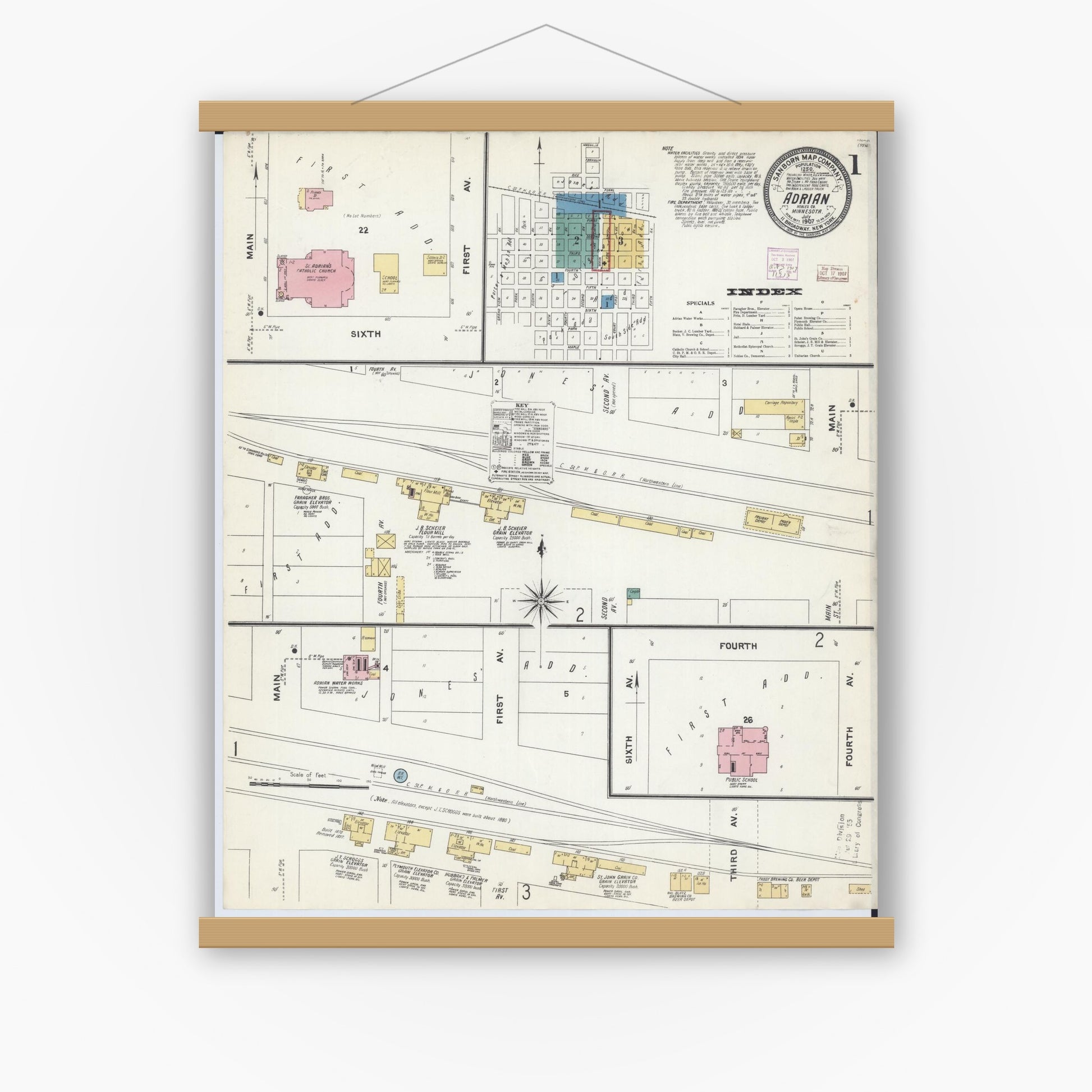 Old map wall art mockup — magnetic wood frame on white wall — Sanborn Fire Insurance Map from Adrian, Nobles County, Minnesota (1907), Sheet #0001