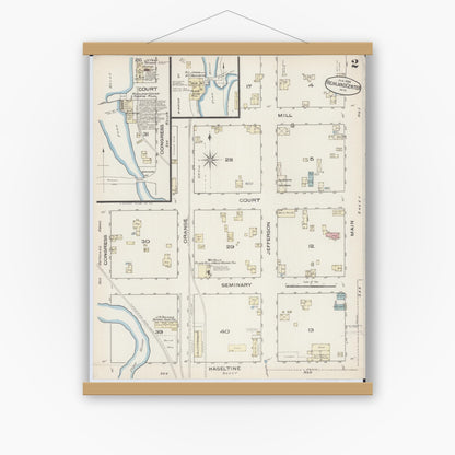 Old map wall art mockup — magnetic wood frame on white wall — Sanborn Fire Insurance Map from Richland Center, Richland County, Wisconsin (1883), Sheet #0002