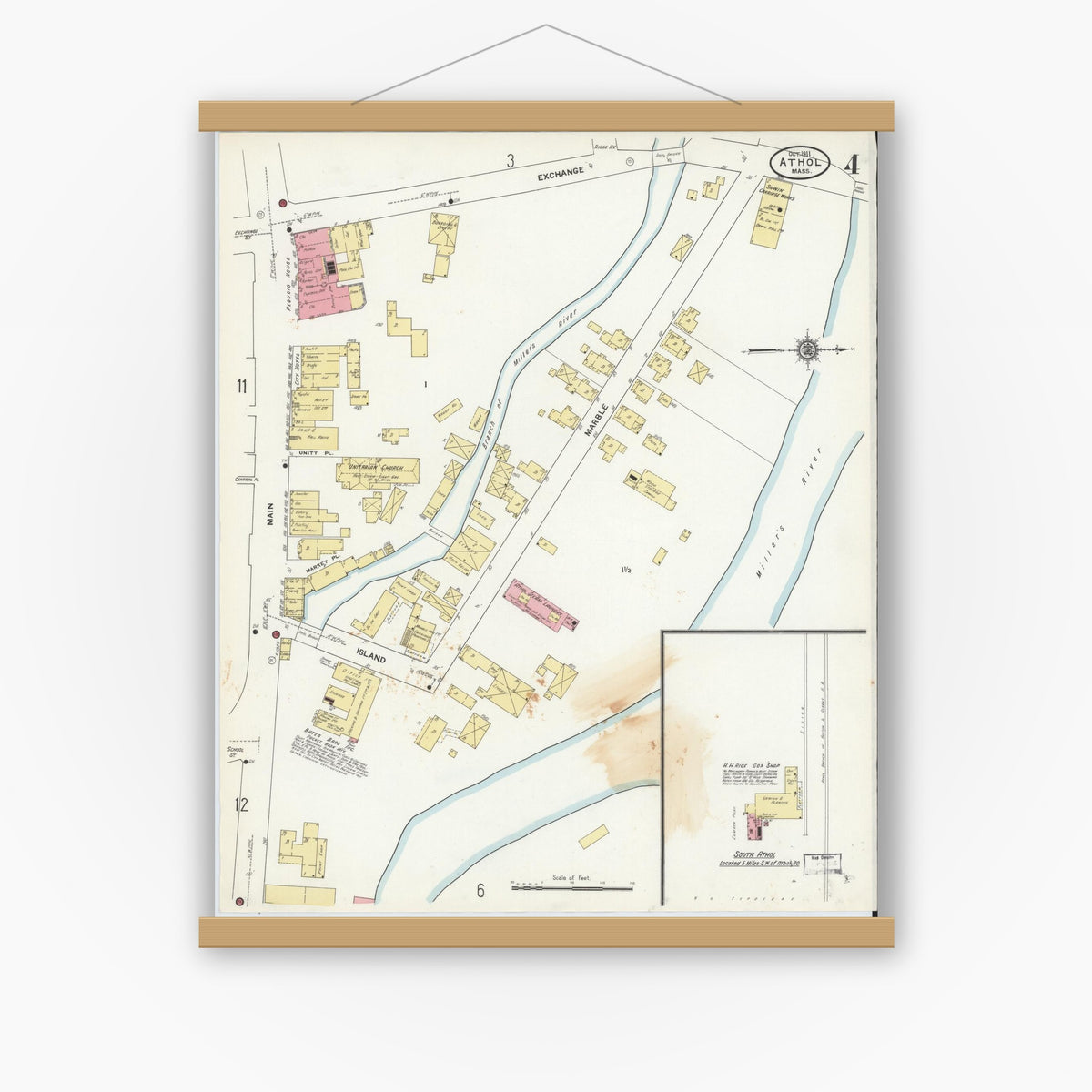 Old map wall art mockup — magnetic wood frame on white wall — Sanborn Fire Insurance Map from Athol, Worcester County, Massachusetts (1911), Sheet #0004