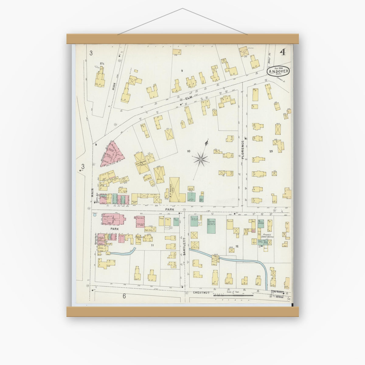 Old map wall art mockup — magnetic wood frame on white wall — Sanborn Fire Insurance Map from Andover, Essex County, Massachusetts (1896), Sheet #0004