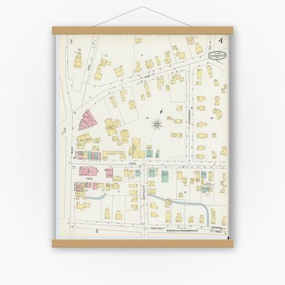 Old map wall art mockup — magnetic wood frame on white wall — Sanborn Fire Insurance Map from Andover, Essex County, Massachusetts (1896), Sheet #0004