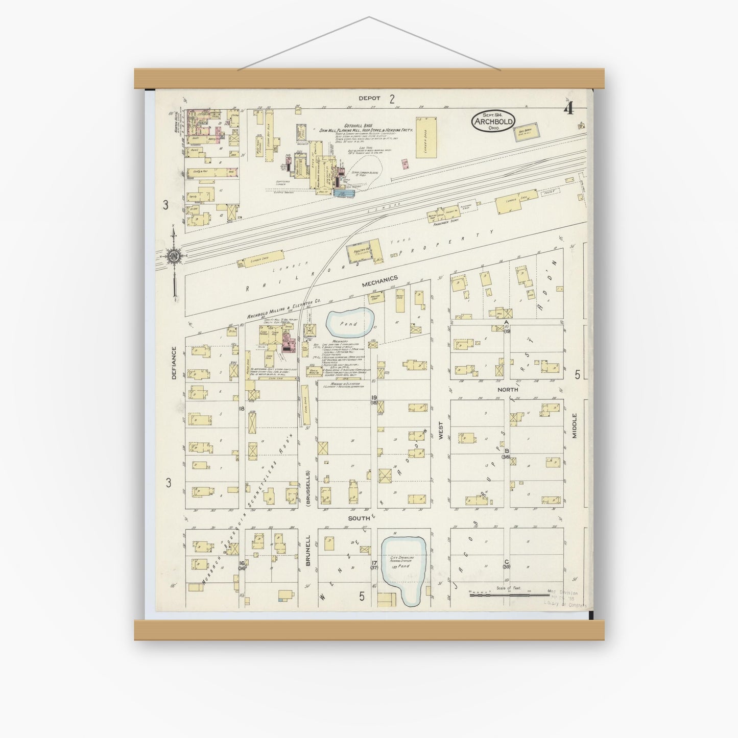 Old map wall art mockup — magnetic wood frame on white wall — Sanborn Fire Insurance Map from Archbold, Fulton County, Ohio (1914), Sheet #0004
