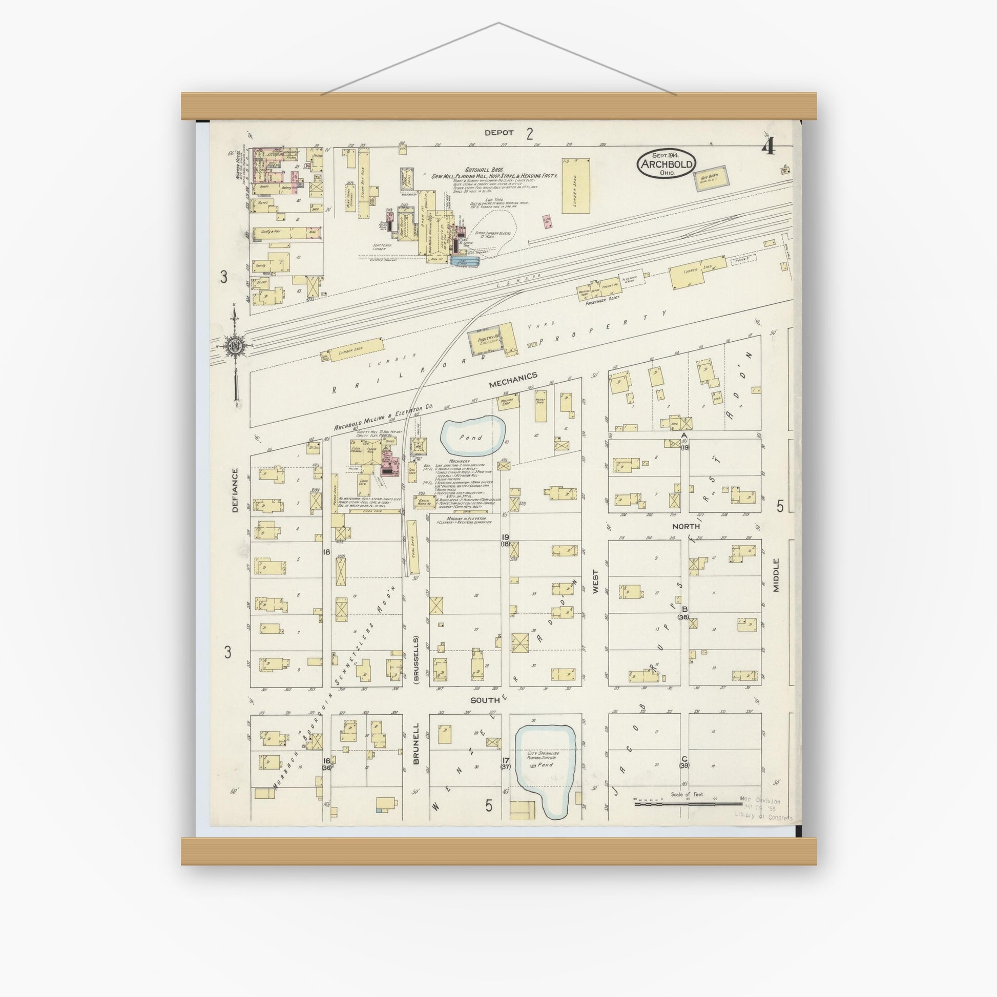 Old map wall art mockup — magnetic wood frame on white wall — Sanborn Fire Insurance Map from Archbold, Fulton County, Ohio (1914), Sheet #0004