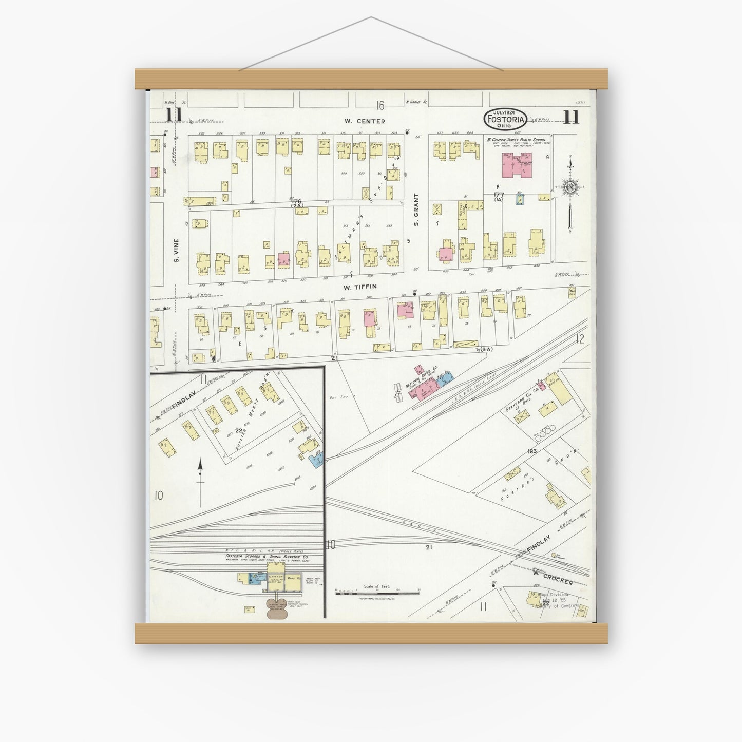 Old map wall art mockup — magnetic wood frame on white wall — Sanborn Fire Insurance Map from Fostoria, Seneca, Hancock, And Wood Counties, Ohio (1924), Sheet #0011