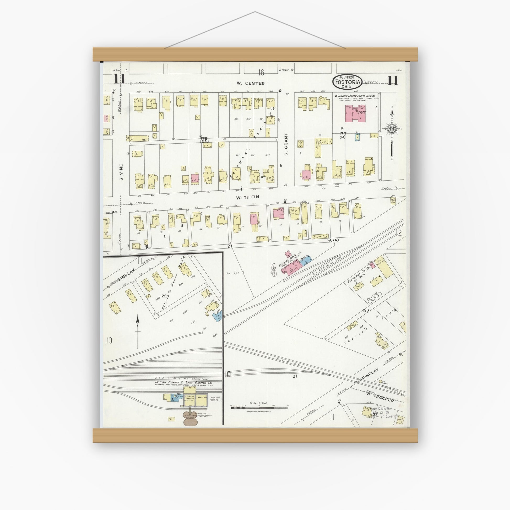 Old map wall art mockup — magnetic wood frame on white wall — Sanborn Fire Insurance Map from Fostoria, Seneca, Hancock, And Wood Counties, Ohio (1924), Sheet #0011