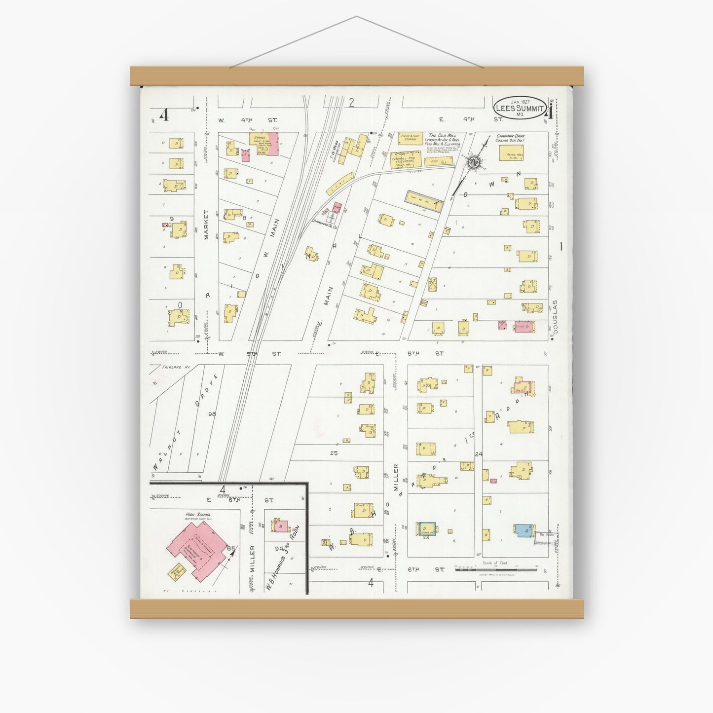 Old map wall art mockup — magnetic wood frame on white wall — Sanborn Fire Insurance Map from Lee's Summit, Jackson County, Missouri (1927), Sheet #0004
