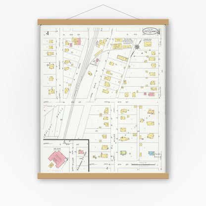 Old map wall art mockup — magnetic wood frame on white wall — Sanborn Fire Insurance Map from Lee's Summit, Jackson County, Missouri (1927), Sheet #0004