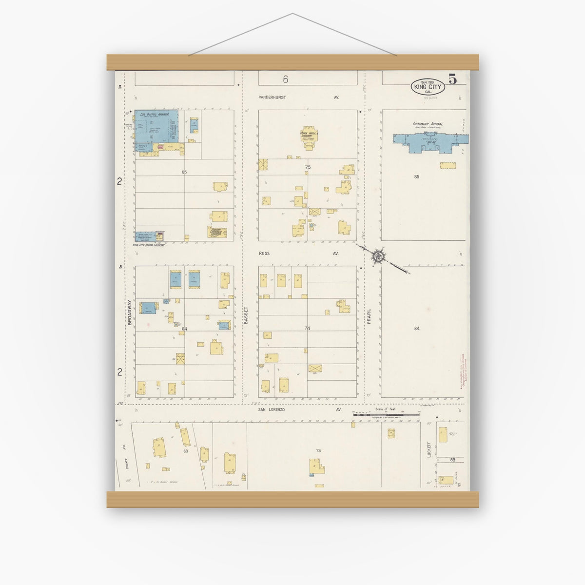 Old map wall art mockup — magnetic wood frame on white wall — Sanborn Fire Insurance Map from King City, Monterey County, California (1919), Sheet #0005