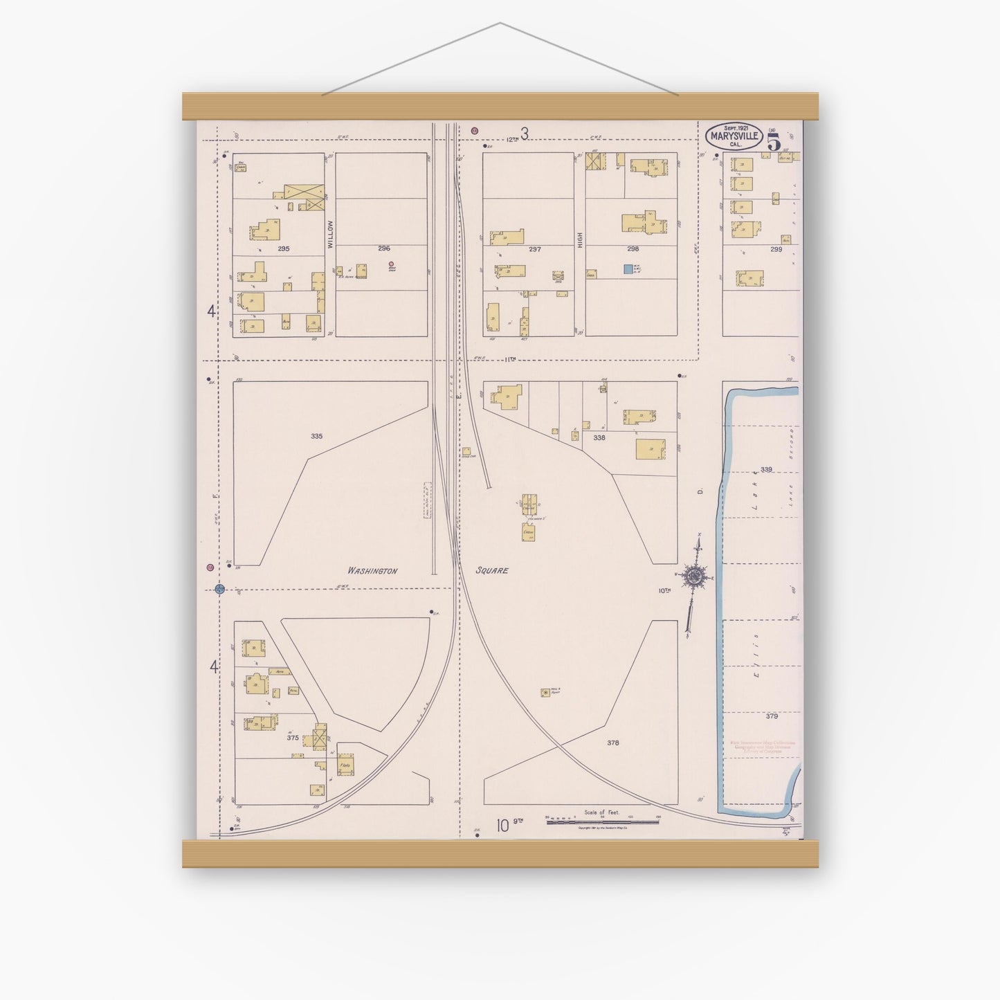 Old map wall art mockup — magnetic wood frame on white wall — Sanborn Fire Insurance Map from Marysville, Yuba County, California (1921), Sheet #0005