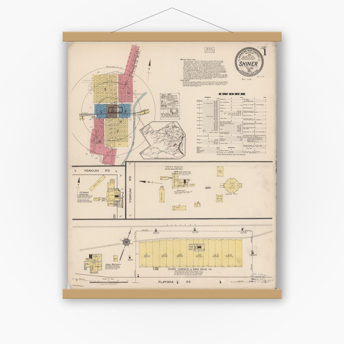 Old map wall art mockup — magnetic wood frame on white wall — Sanborn Fire Insurance Map from Shiner, Lavaca County, Texas (1922), Sheet #0001