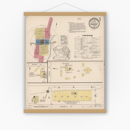 Old map wall art mockup — magnetic wood frame on white wall — Sanborn Fire Insurance Map from Shiner, Lavaca County, Texas (1922), Sheet #0001