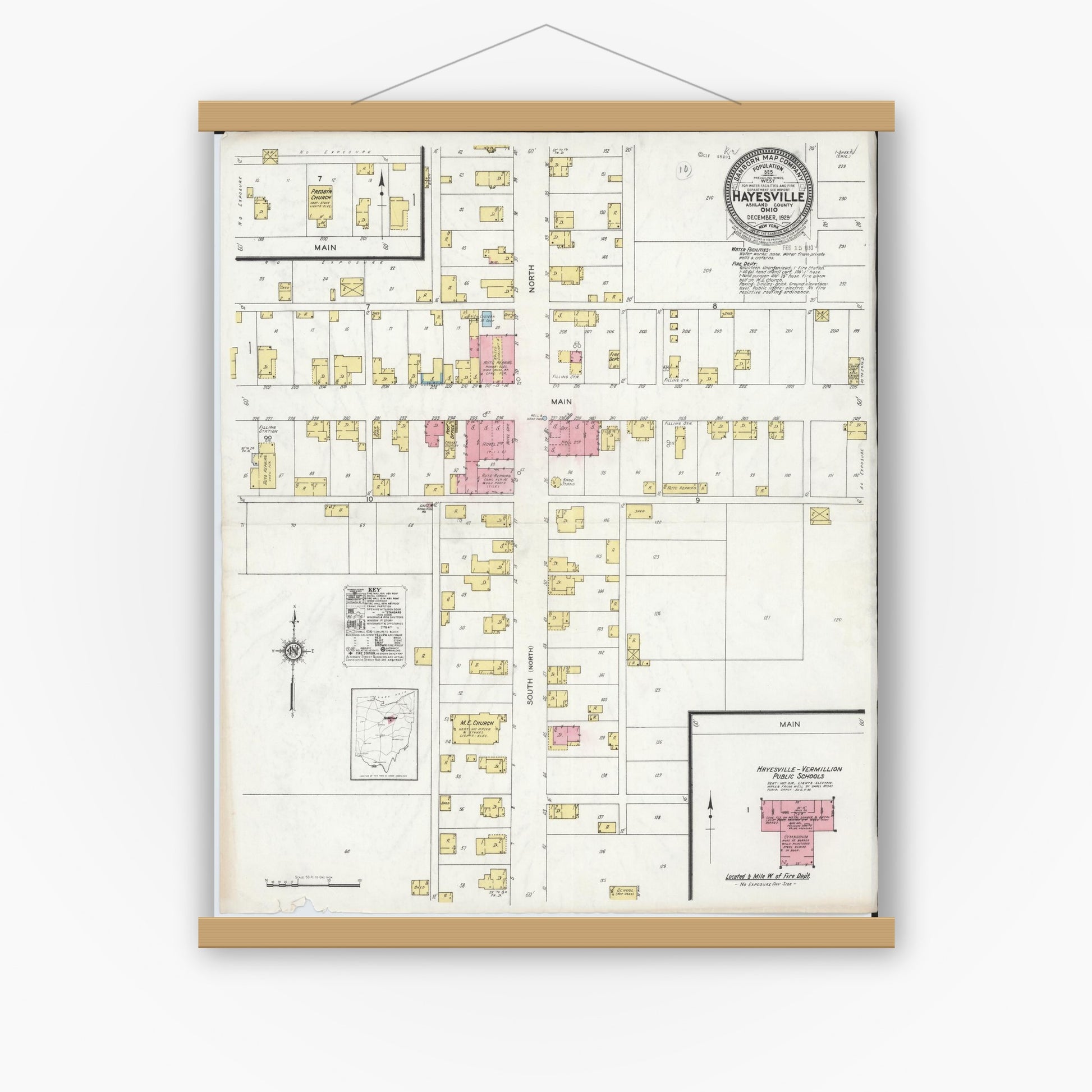 Old map wall art mockup — magnetic wood frame on white wall — Sanborn Fire Insurance Map from Hayesville, Ashland County, Ohio (1929), Sheet #0001