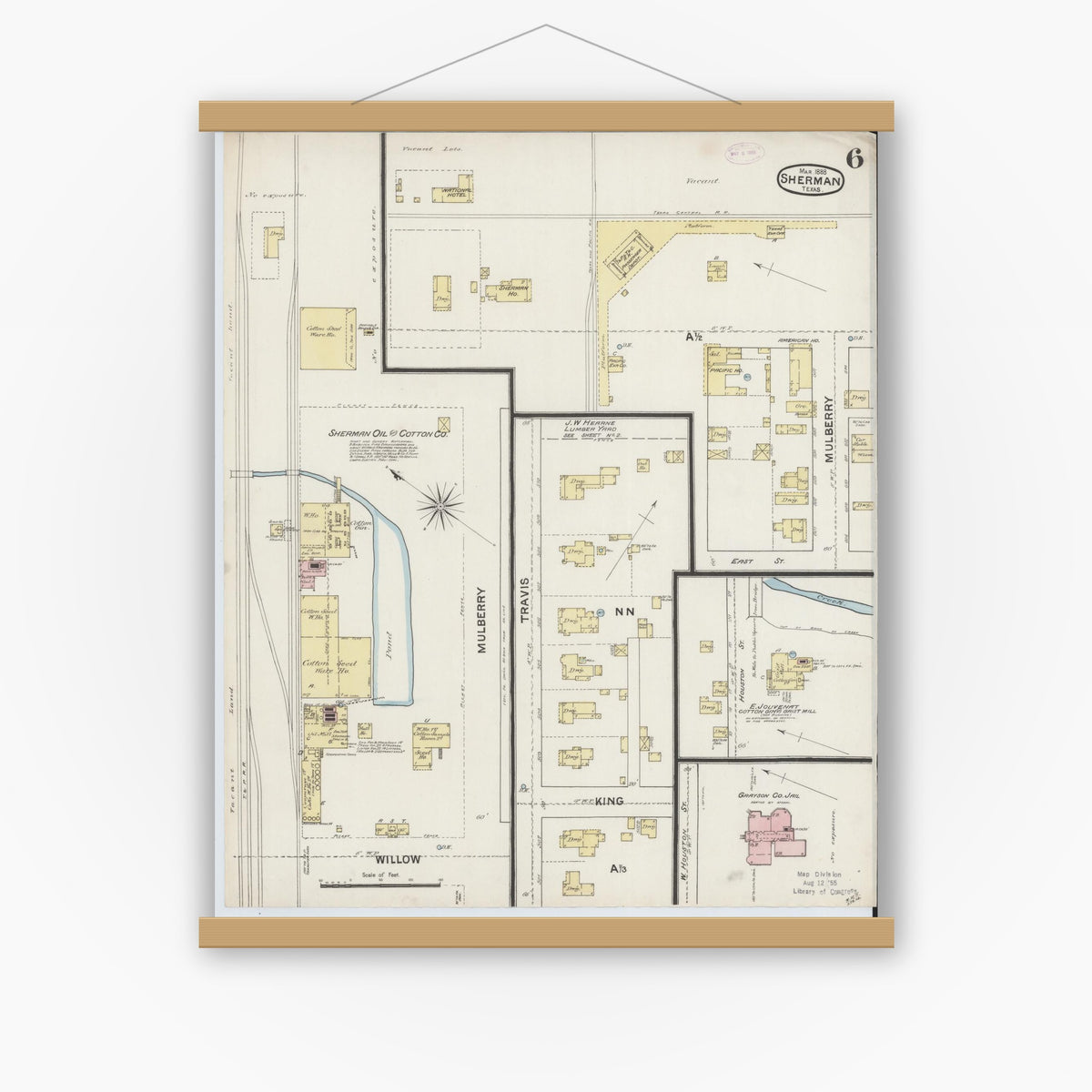 Old map wall art mockup — magnetic wood frame on white wall — Sanborn Fire Insurance Map from Sherman, Grayson County, Texas (1888), Sheet #0006