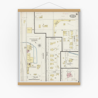 Old map wall art mockup — magnetic wood frame on white wall — Sanborn Fire Insurance Map from Sherman, Grayson County, Texas (1888), Sheet #0006