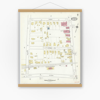Old map wall art mockup — magnetic wood frame on white wall — Sanborn Fire Insurance Map from Patchogue, Suffolk County, New York (1916), Sheet #0007