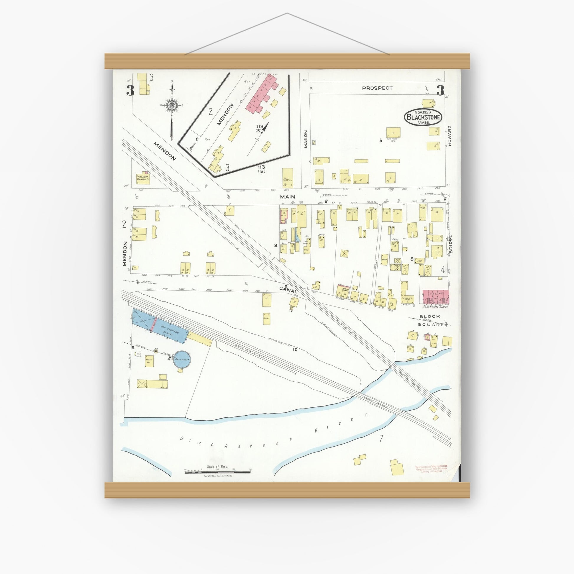 Old map wall art mockup — magnetic wood frame on white wall — Sanborn Fire Insurance Map from Blackstone, Worcester County, Massachusetts (1923), Sheet #0003