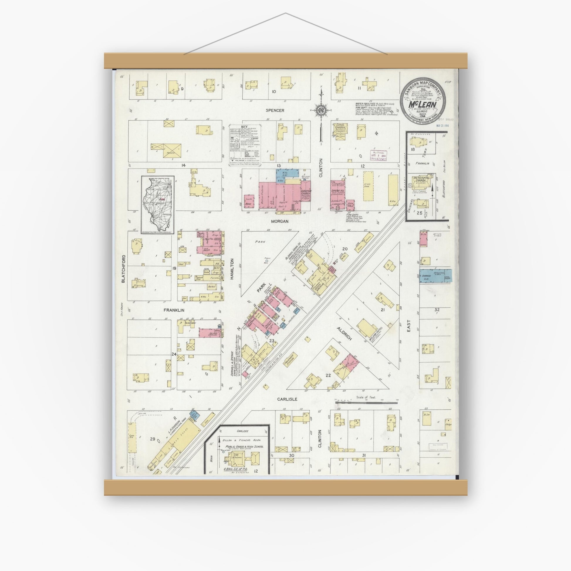 Old map wall art mockup — magnetic wood frame on white wall — Sanborn Fire Insurance Map from Mclean, McLean County, Illinois (1914), Sheet #0001