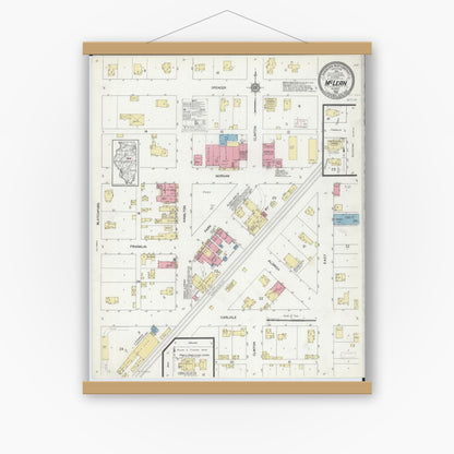 Old map wall art mockup — magnetic wood frame on white wall — Sanborn Fire Insurance Map from Mclean, McLean County, Illinois (1914), Sheet #0001