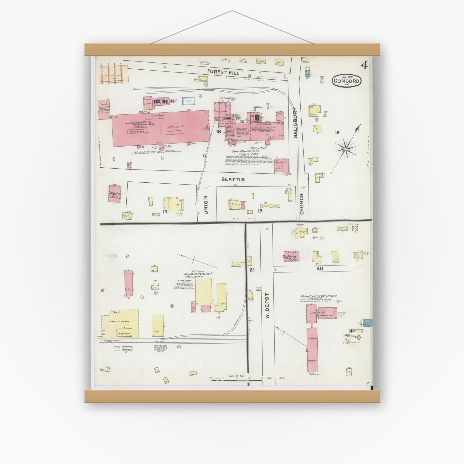 Old map wall art mockup — magnetic wood frame on white wall — Sanborn Fire Insurance Map from Concord, Cabarrus County, North Carolina (1892), Sheet #0004
