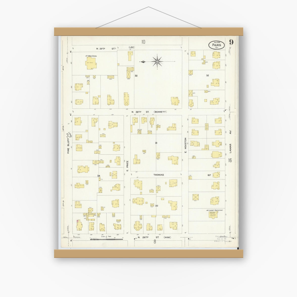 Old map wall art mockup — magnetic wood frame on white wall — Sanborn Fire Insurance Map from Paris, Lamar County, Texas (1908), Sheet #0009