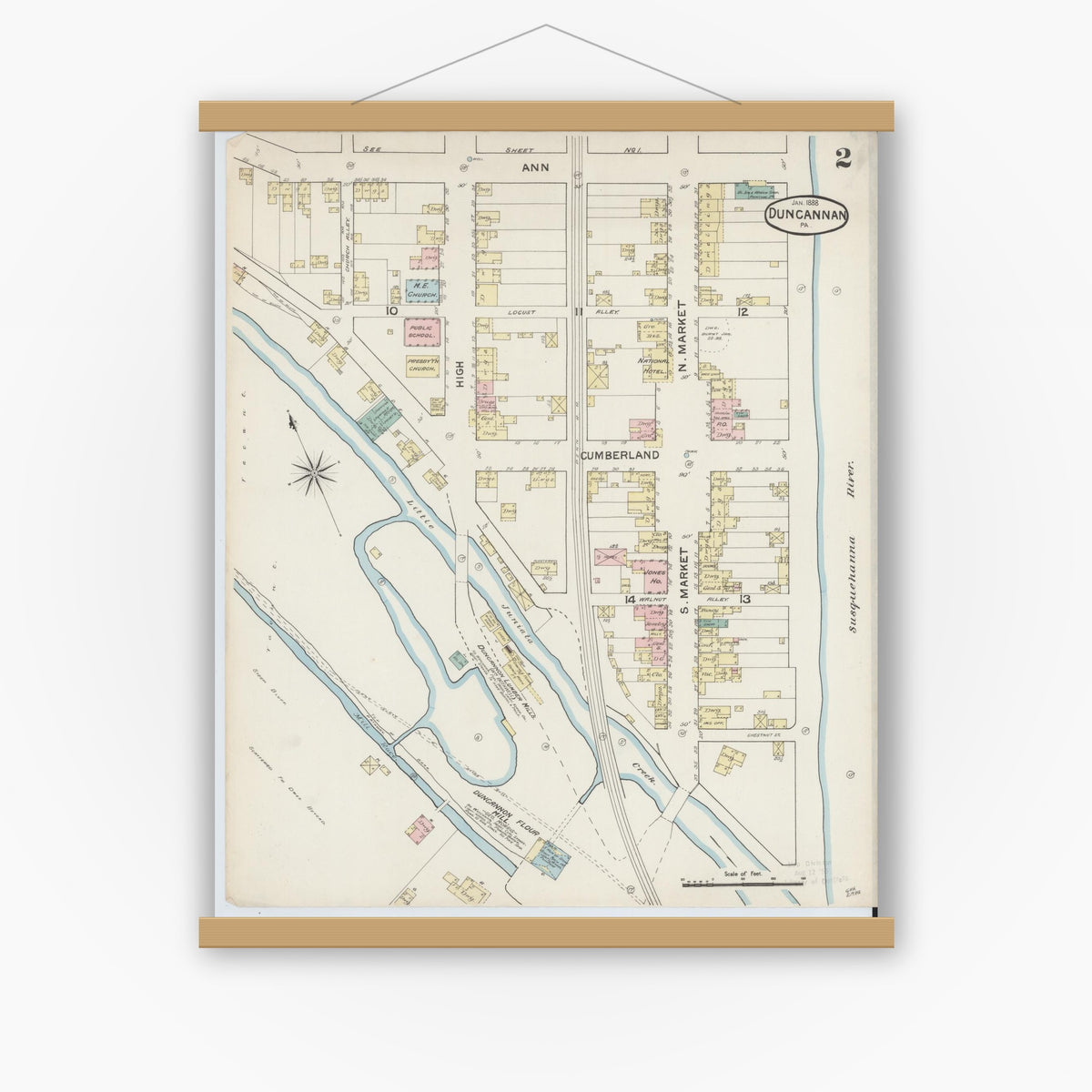 Old map wall art mockup — magnetic wood frame on white wall — Sanborn Fire Insurance Map from Duncannon, Perry County, Pennsylvania (1888), Sheet #0002