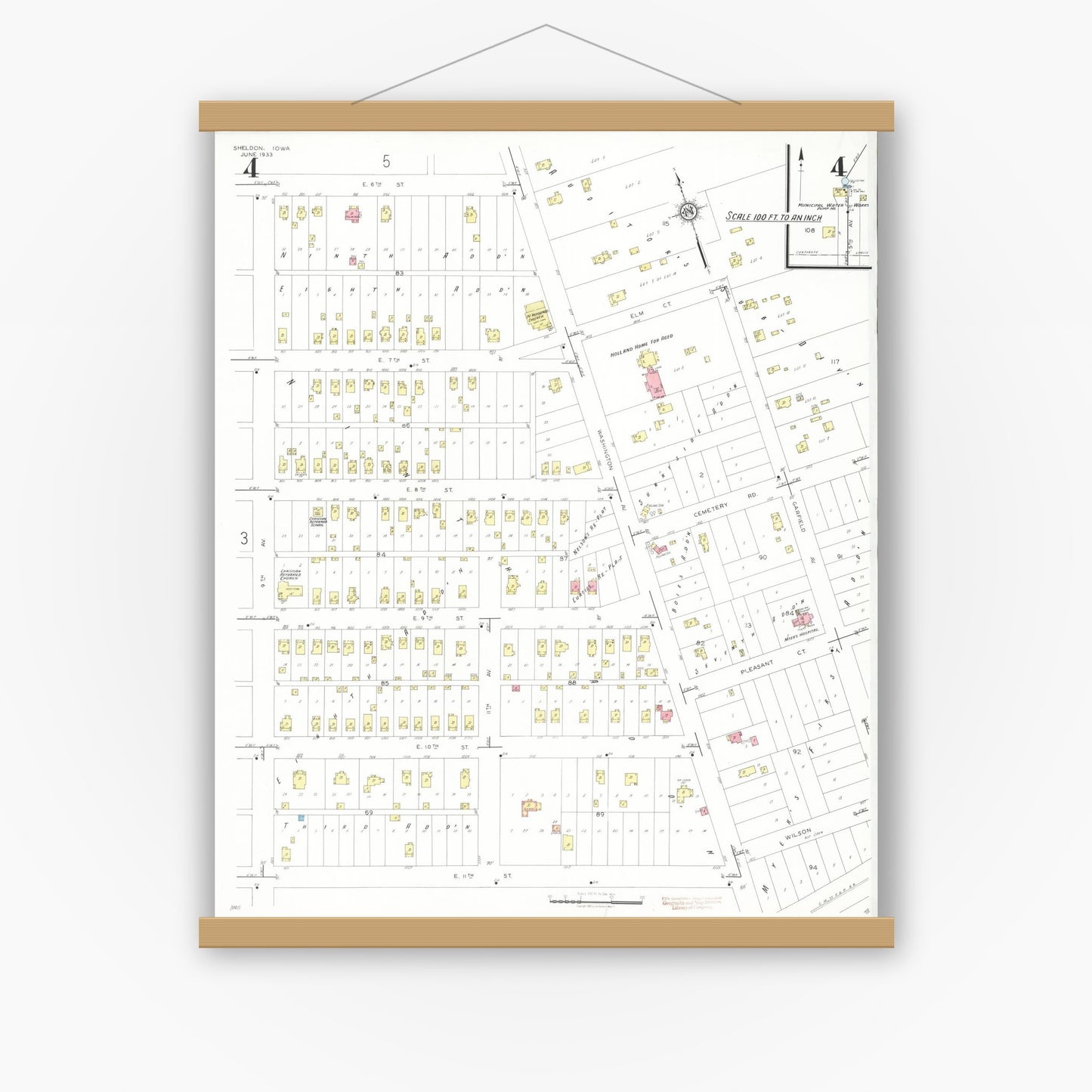 Old map wall art mockup — magnetic wood frame on white wall — Sanborn Fire Insurance Map from Sheldon, O'Brien County, Iowa (1933), Sheet #0004