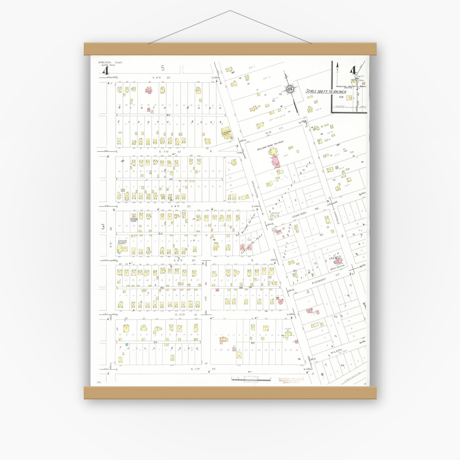 Old map wall art mockup — magnetic wood frame on white wall — Sanborn Fire Insurance Map from Sheldon, O'Brien County, Iowa (1933), Sheet #0004