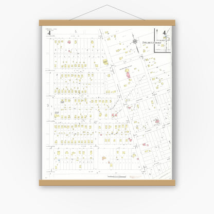 Old map wall art mockup — magnetic wood frame on white wall — Sanborn Fire Insurance Map from Sheldon, O'Brien County, Iowa (1933), Sheet #0004