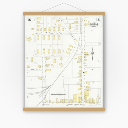 Old map wall art mockup — magnetic wood frame on white wall — Sanborn Fire Insurance Map from Panama City, Bay County, Florida (1927), Sheet #0016