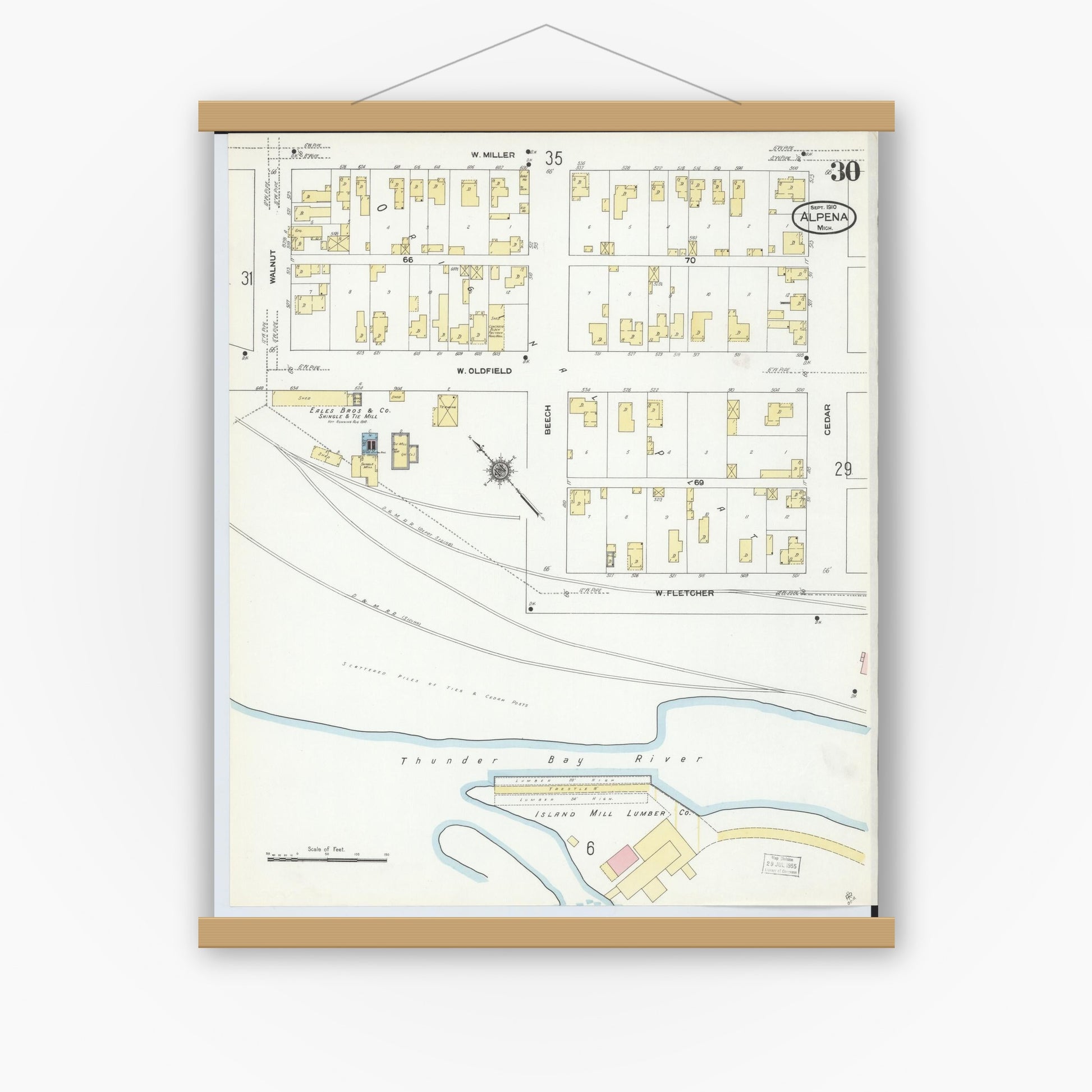Old map wall art mockup — magnetic wood frame on white wall — Sanborn Fire Insurance Map from Alpena, Alpena County, Michigan (1910), Sheet #0030