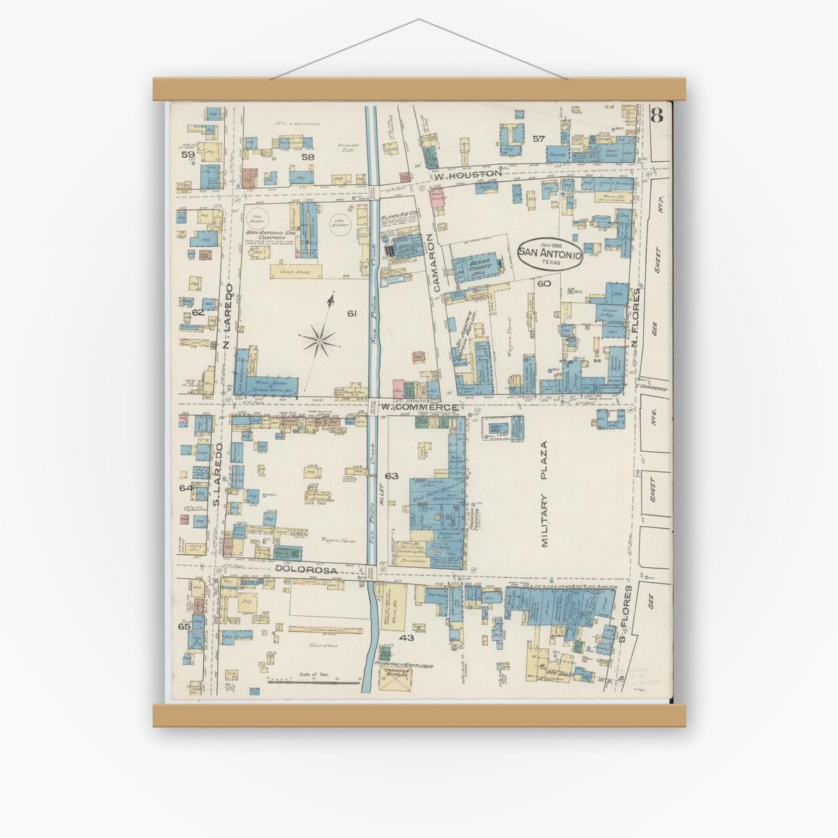Old map wall art mockup — magnetic wood frame on white wall — Sanborn Fire Insurance Map from San Antonio, Bexar County, Texas (1885), Sheet #0008