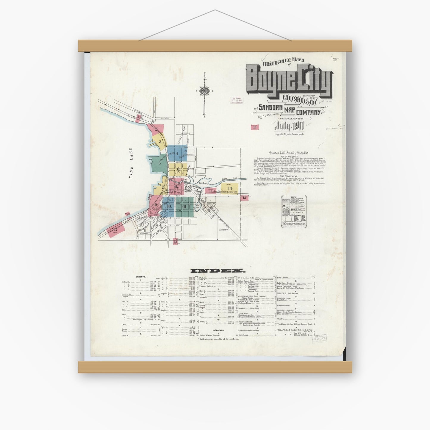 Old map wall art mockup — magnetic wood frame on white wall — Sanborn Fire Insurance Map from Boyne City, Charlevoix County, Michigan (1911) - Complete Map Set