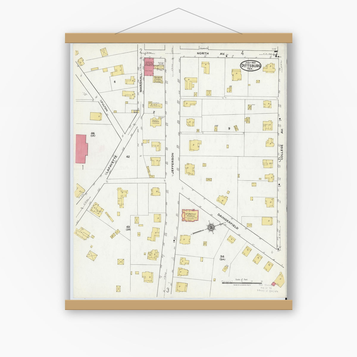 Old map wall art mockup — magnetic wood frame on white wall — Sanborn Fire Insurance Map from Pittsburg, Camp County, Texas (1921), Sheet #0007