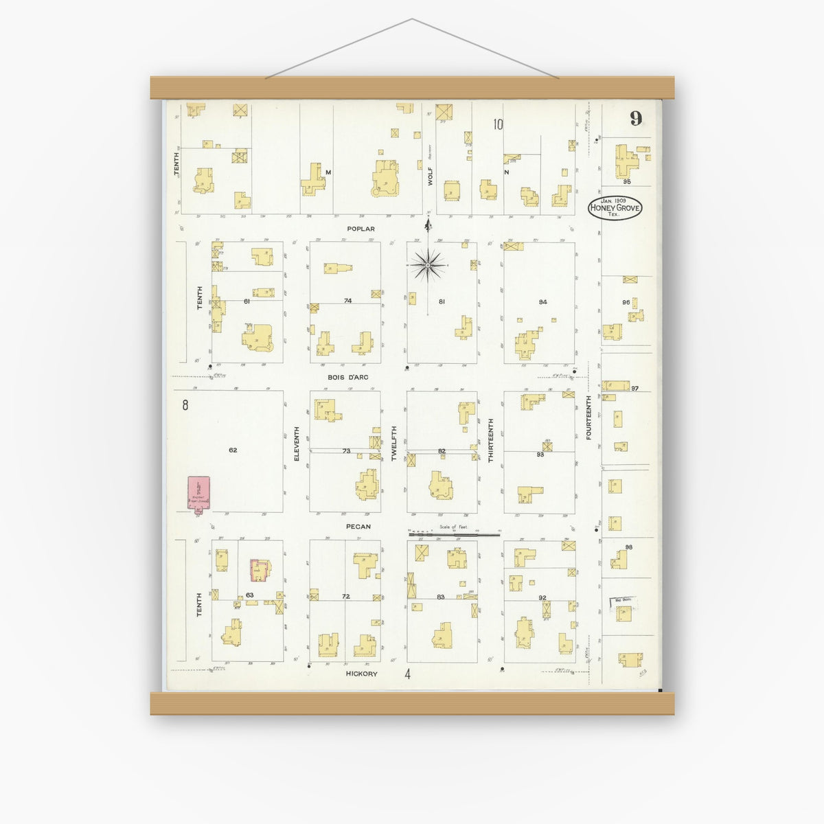 Old map wall art mockup — magnetic wood frame on white wall — Sanborn Fire Insurance Map from Honey Grove, Fannin County, Texas (1909), Sheet #0009