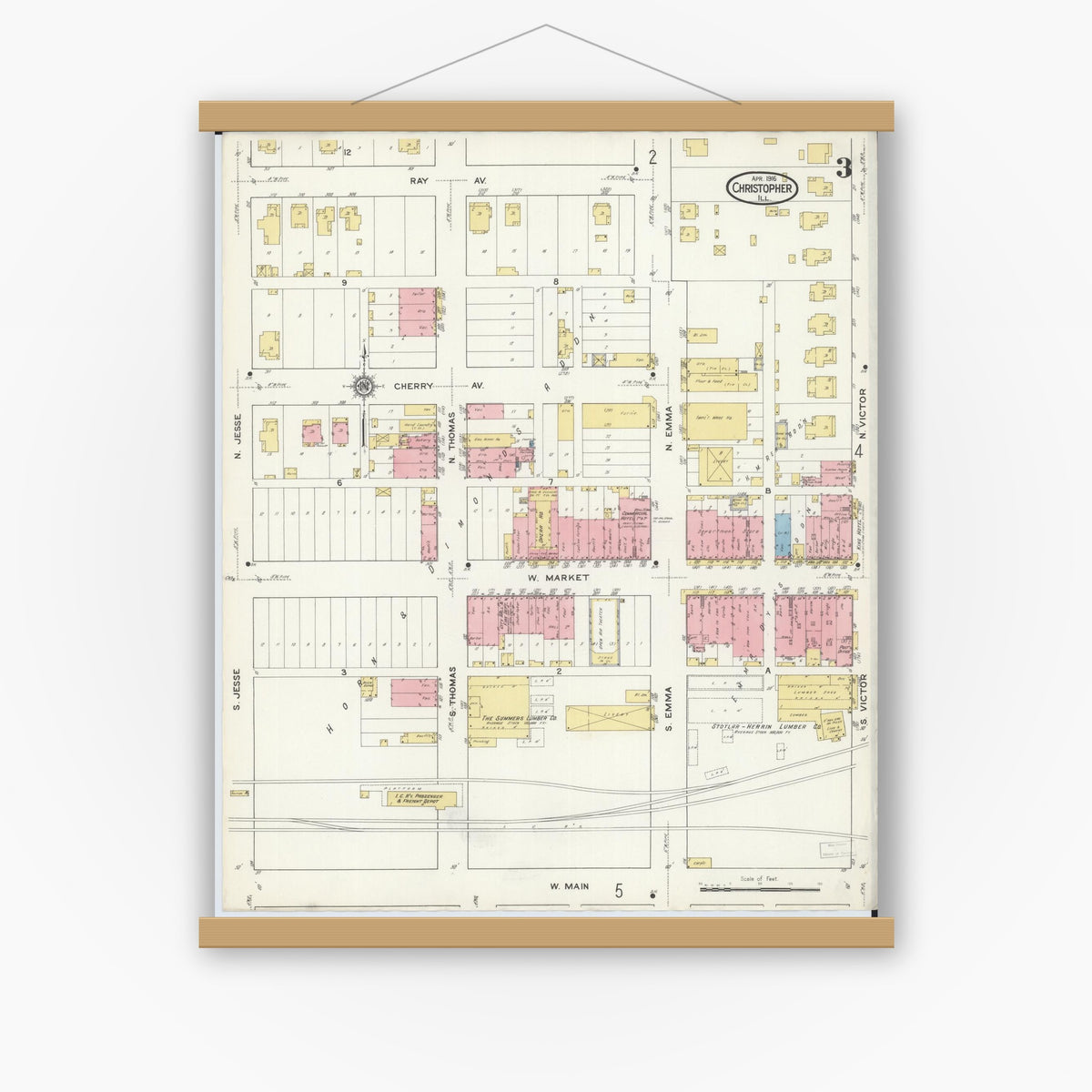 Old map wall art mockup — magnetic wood frame on white wall — Sanborn Fire Insurance Map from Christopher, Franklin County, Illinois (1916), Sheet #0003